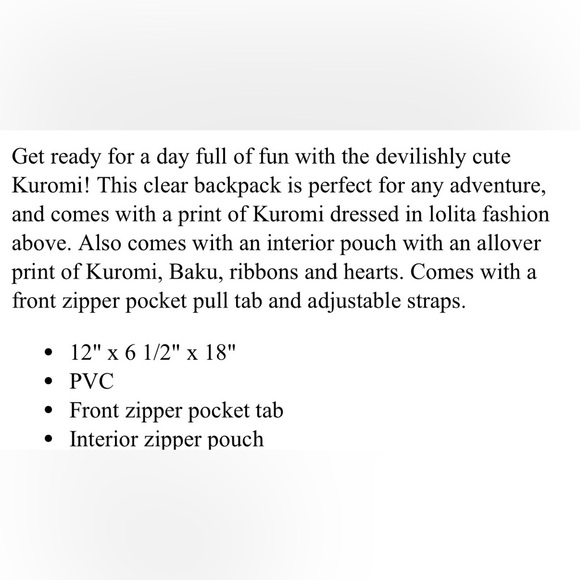 Kuromi Lolita Purple Clear Backpack- NWT - Picture 5 of 5